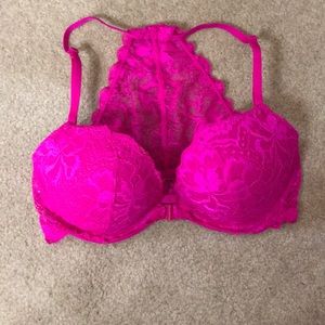 Hot pink lacy back bra with front closure